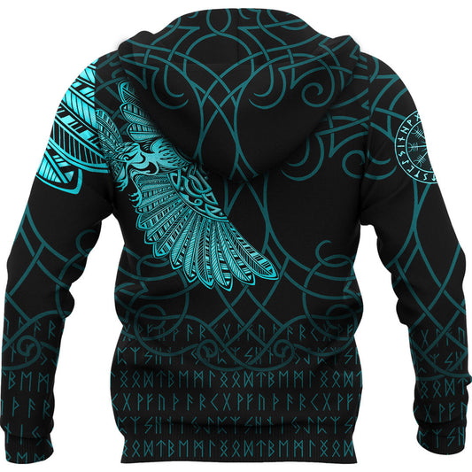 (Custom) Viking Style Hoodie - Viking Odin's Celtic Ravens - Cyan Version Tattoo Hoodie A7 VKNGB