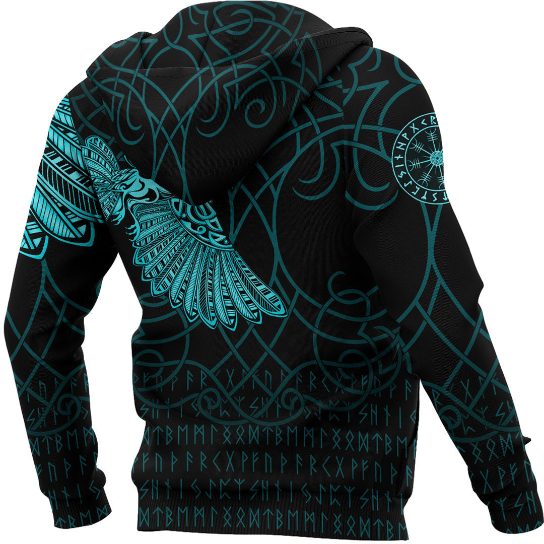 (Custom) Viking Style Hoodie - Viking Odin's Celtic Ravens - Cyan Version Tattoo Hoodie A7 VKNGB