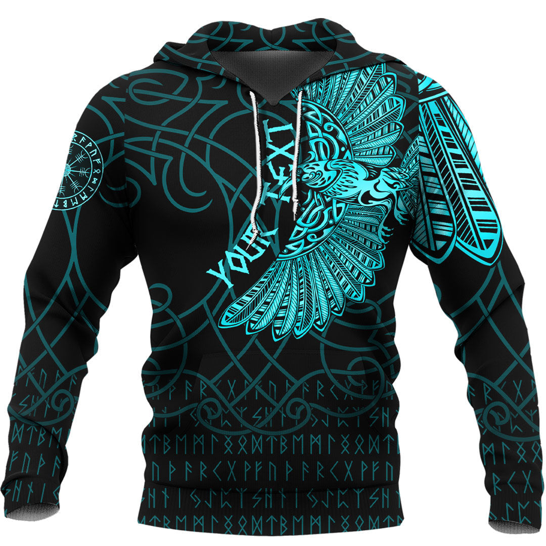 (Custom) Viking Style Hoodie - Viking Odin's Celtic Ravens - Cyan Version Tattoo Hoodie A7 VKNGB