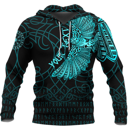 (Custom) Viking Style Hoodie - Viking Odin's Celtic Ravens - Cyan Version Tattoo Hoodie A7 VKNGB