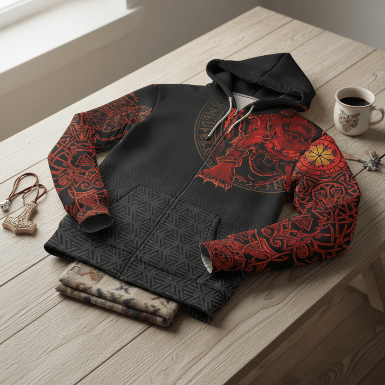 Viking Style Clothing - Viking Fenrir Norse 3D Zip Hoodie A39 VKNGB