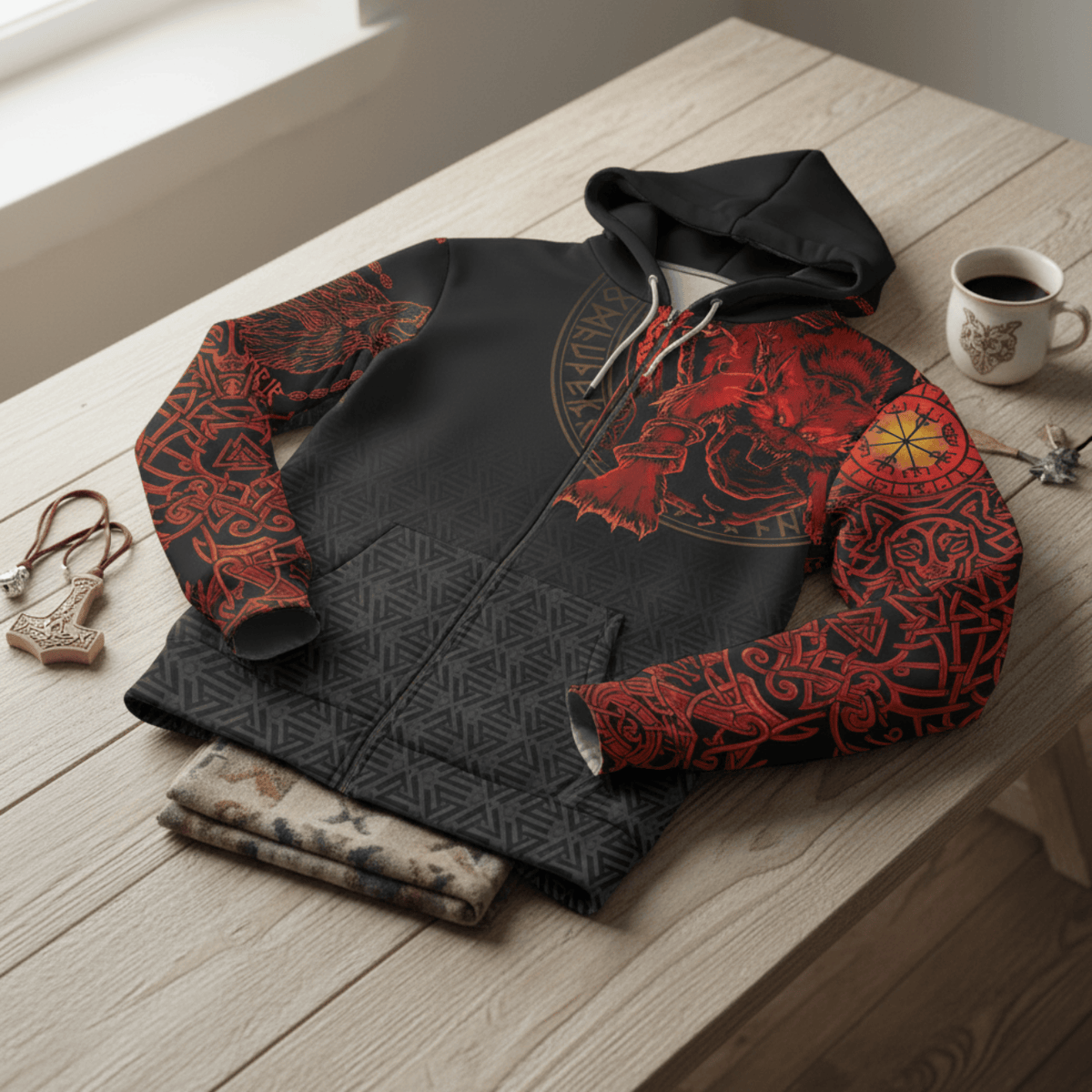 Viking Style Clothing - Viking Fenrir Norse 3D Zip Hoodie A39 VKNGB