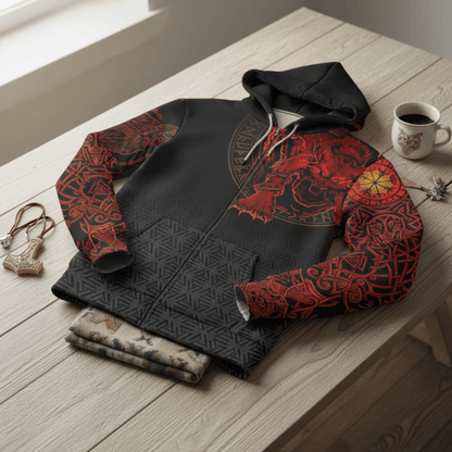 Viking Style Clothing - Viking Fenrir Norse 3D Zip Hoodie A39 VKNGB