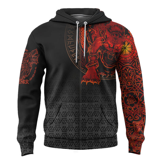Viking Style Clothing - Viking Fenrir Norse 3D Zip Hoodie A39 VKNGB