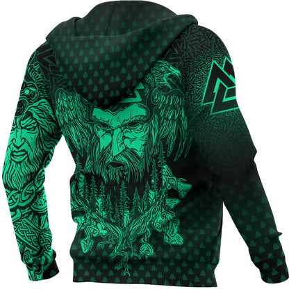 Viking Style Hoodie - Viking Odin Raven Tattoo Style - Green Version Hoodie A39 VKNGB