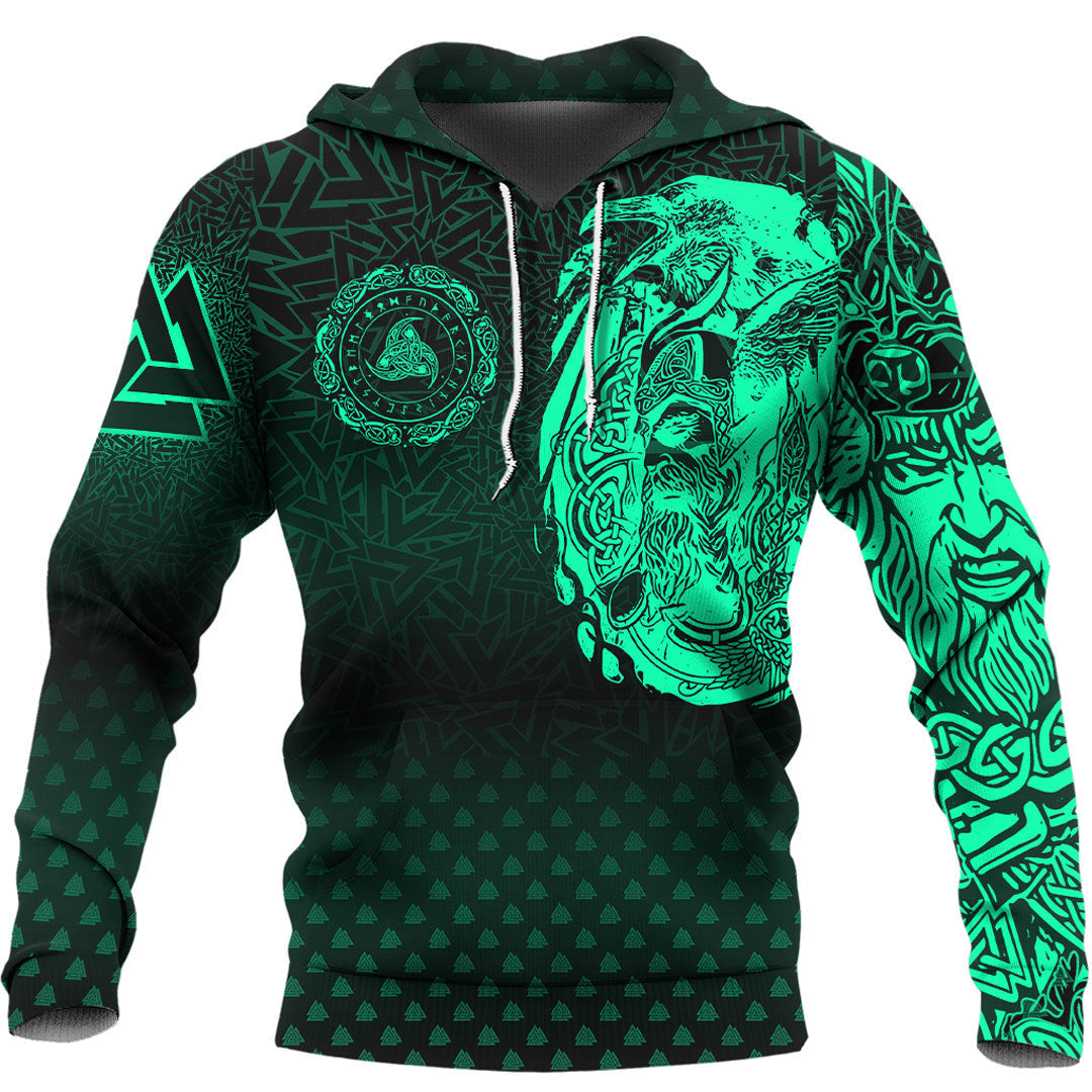 Viking Style Hoodie - Viking Odin Raven Tattoo Style - Green Version Hoodie A39 VKNGB
