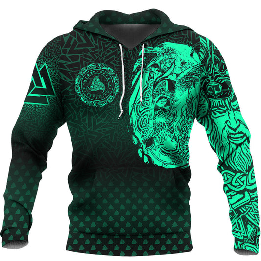 Viking Style Hoodie - Viking Odin Raven Tattoo Style - Green Version Hoodie A39 VKNGB