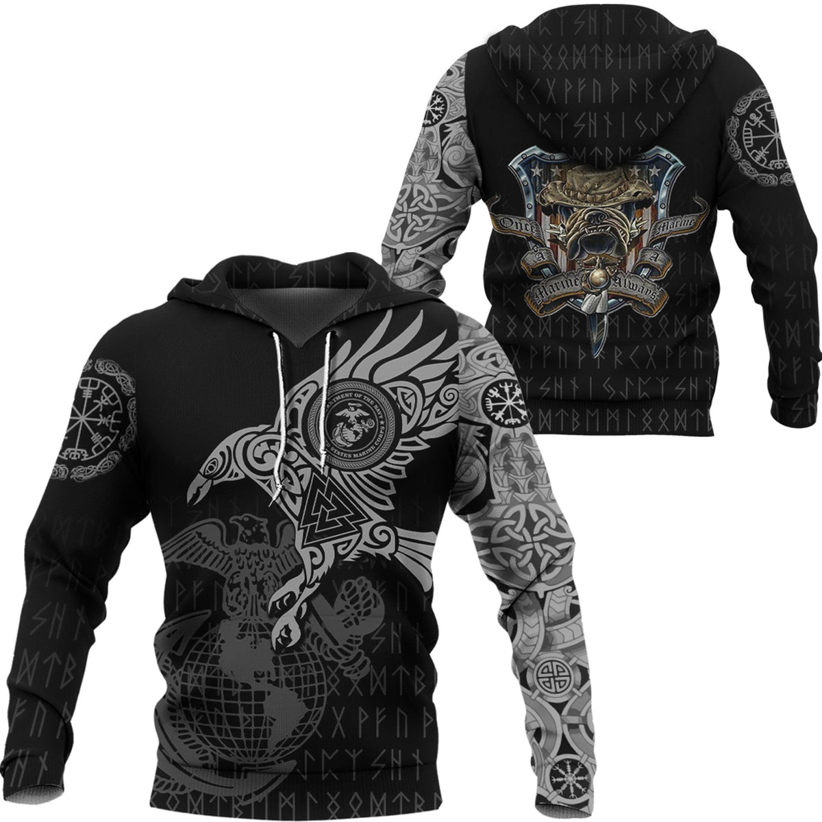 Viking Style Hoodie - Hoodie - The Raven Of Odin Tattoo Army A7 VKNGB