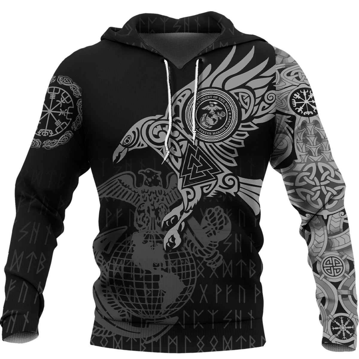 Viking Style Hoodie - Hoodie - The Raven Of Odin Tattoo Army A7 VKNGB
