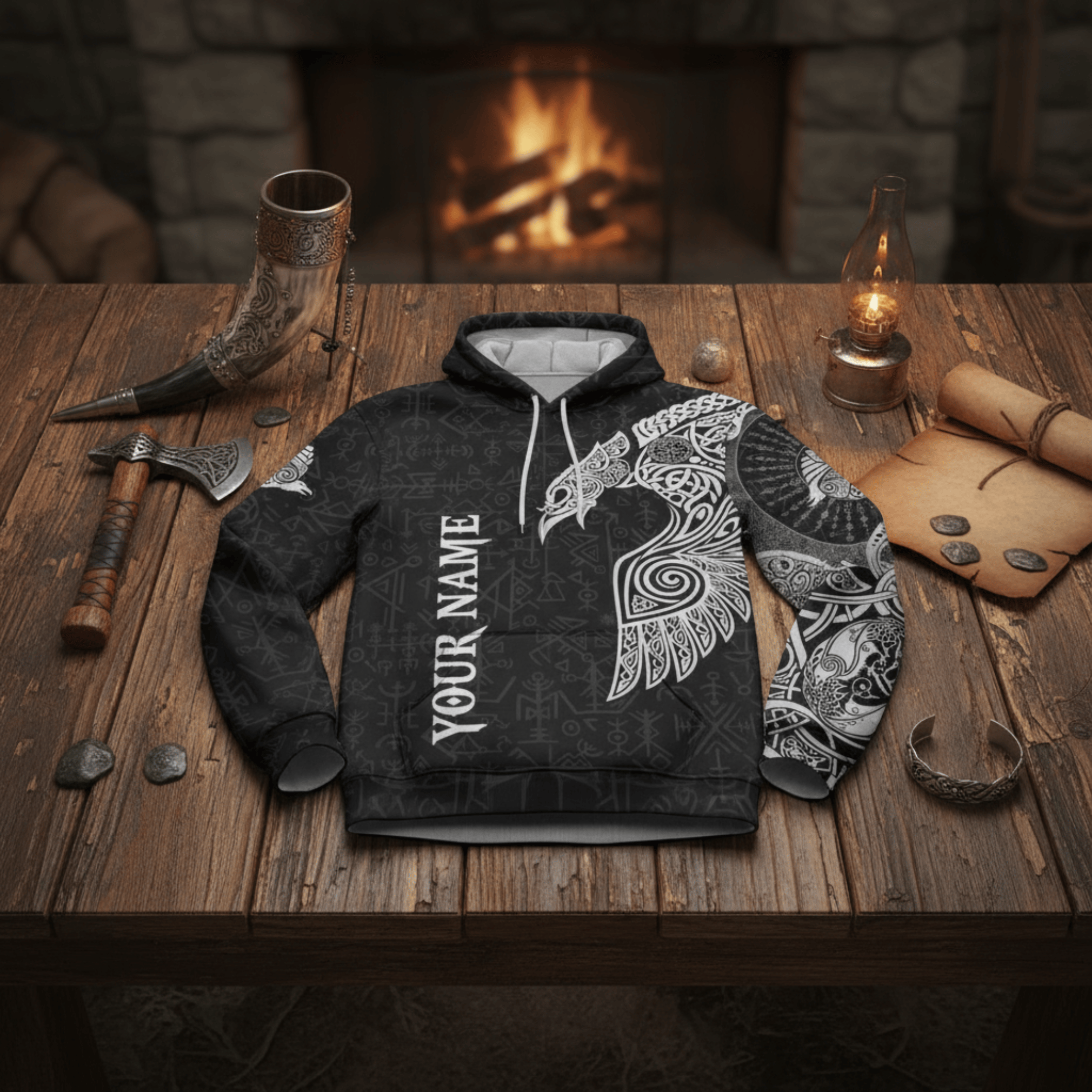 Viking Style Clothing - Viking Raven Tattoo Black Hoodie A39 VKNGB