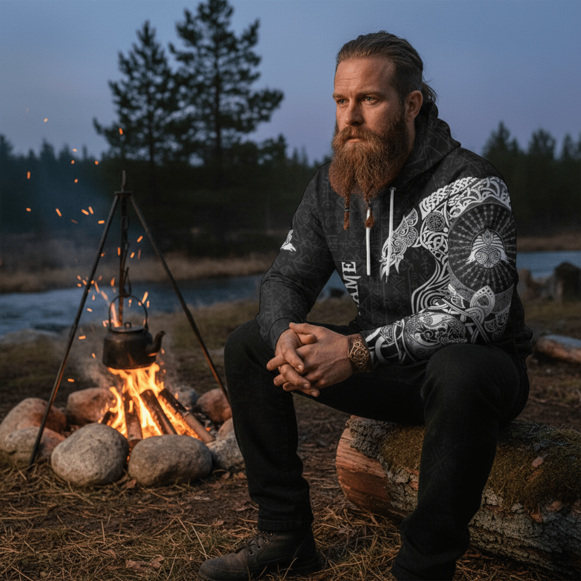 Viking Style Clothing - Viking Raven Tattoo Black Hoodie A39 VKNGB