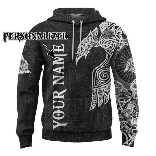 Viking Style Clothing - Viking Raven Tattoo Black Hoodie A39 VKNGB
