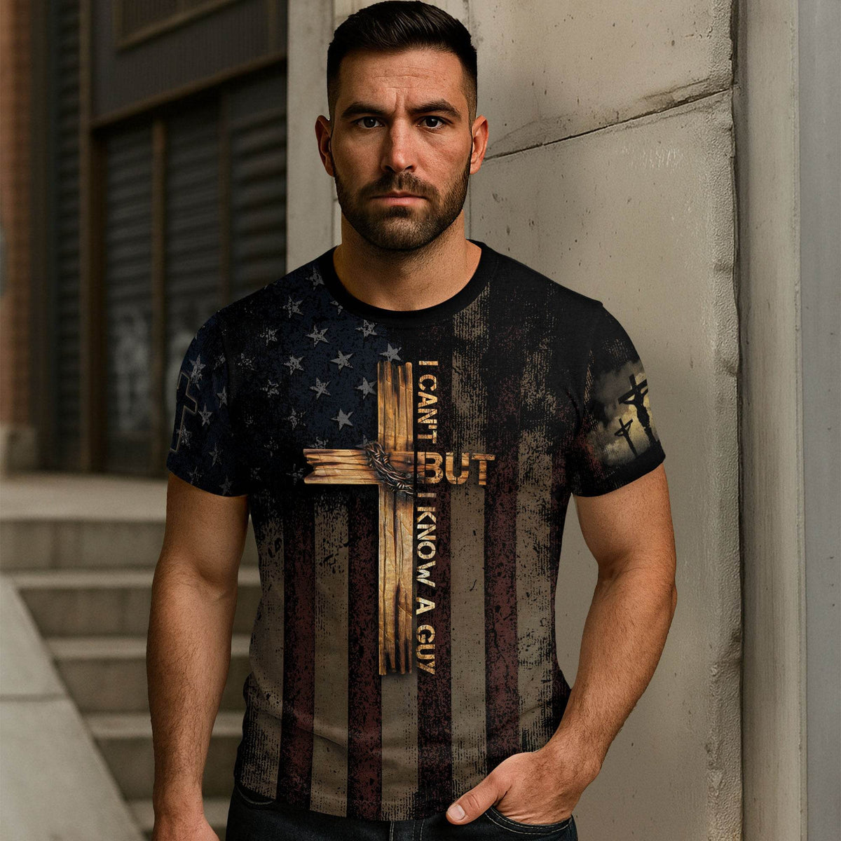 I Can’t But I Know A Guy – Cross & Flag Faith Warrior T-shirt