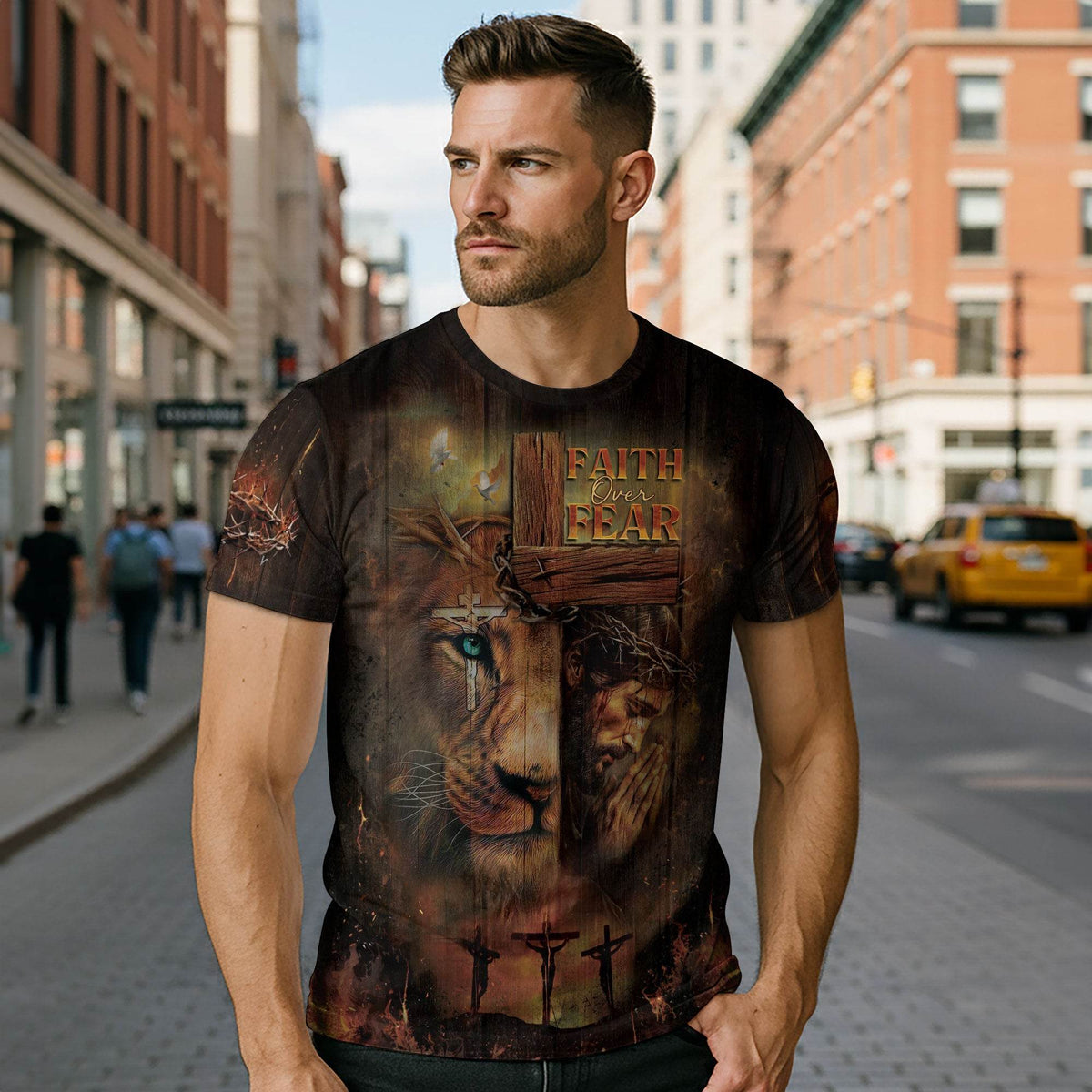 Faith Over Fear Lion & Cross Christian T-Shirt