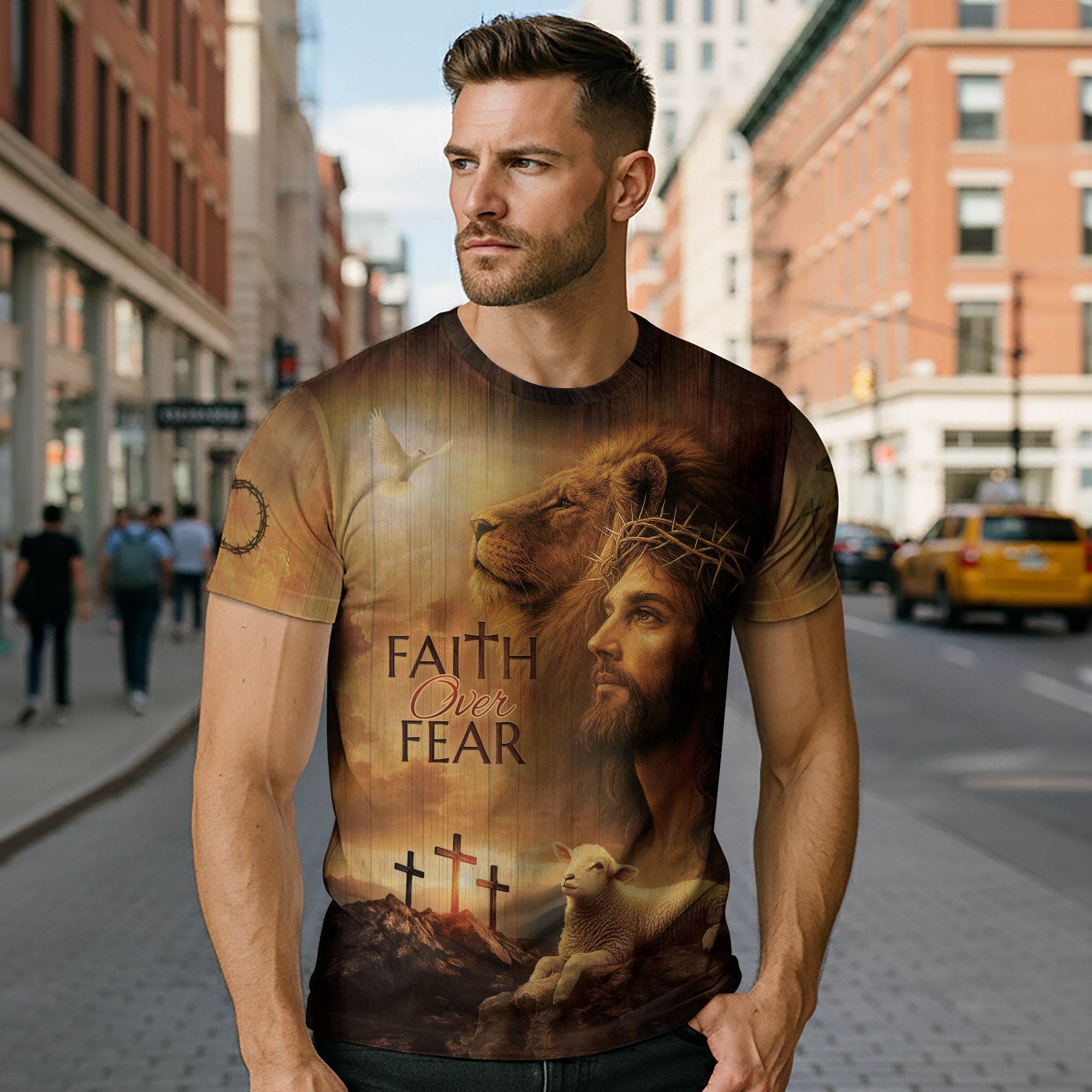 Faith Over Fear Lion, Jesus & Lamb T-Shirt