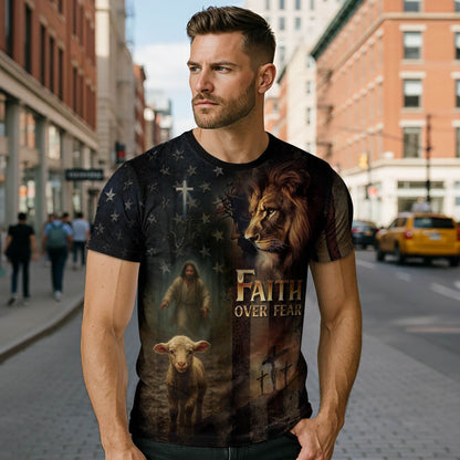 Faith Over Fear Lion & Lamb Christian Cross T-Shirt