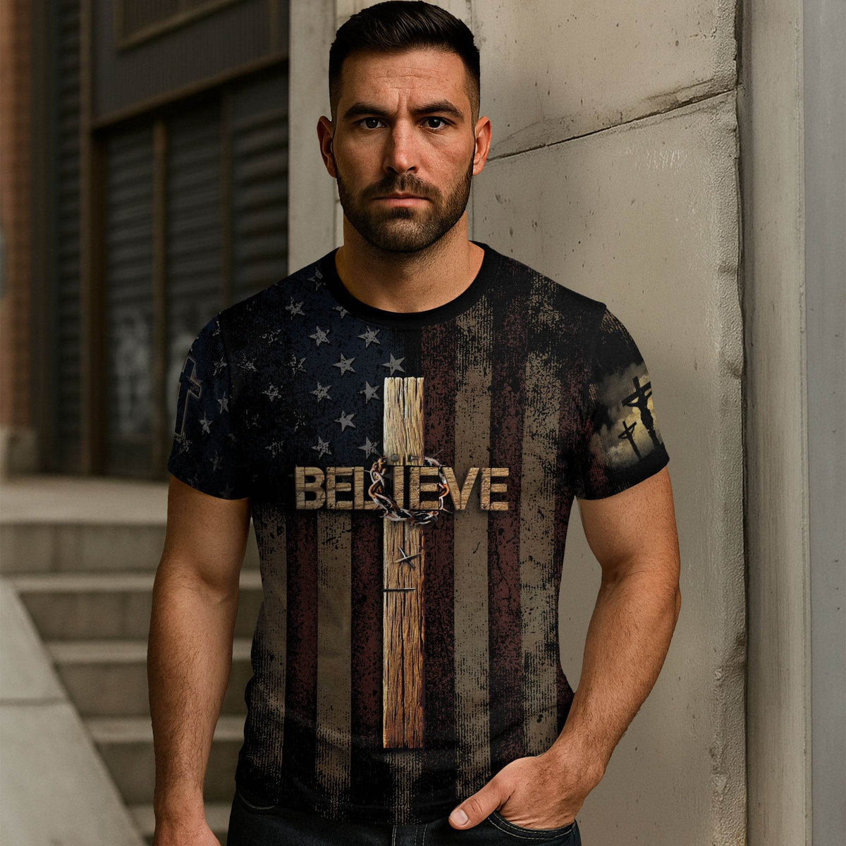 Believe in the Cross | American Christian Faith Tee with Crucified Savior