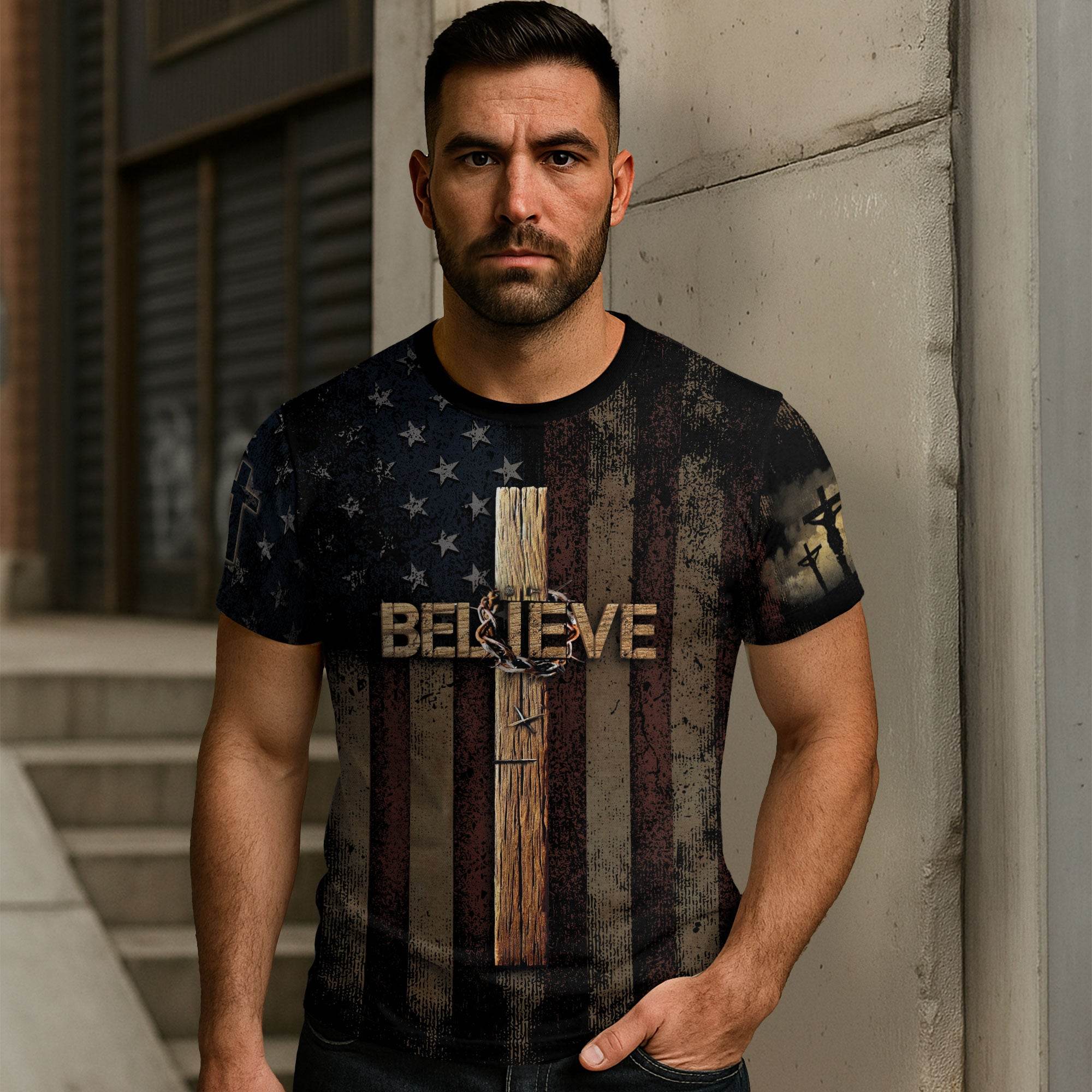 Believe in the Cross | American Christian Faith Tee with Crucified Savior
