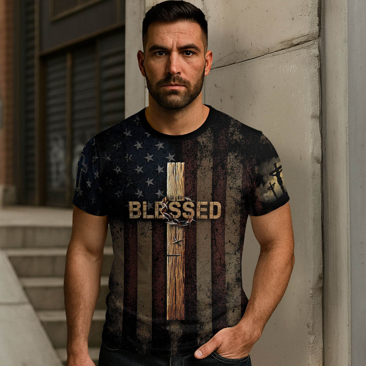 BLESSED | Cross & Crown of Thorns Patriotic Tee