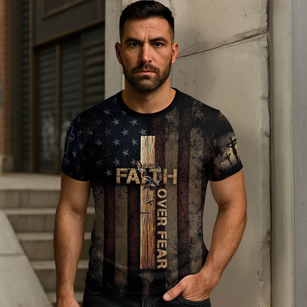 FAITH OVER FEAR | Cross & Crown of Thorns Patriotic Tee