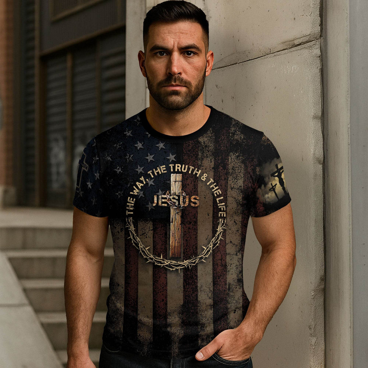 Jesus: The Way, The Truth & The Life | Crowned Cross Patriotic Tee