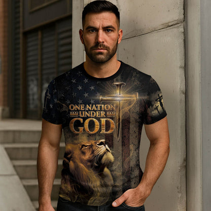 One Nation Under God | Patriotic Christian Tee with Lion & Cross