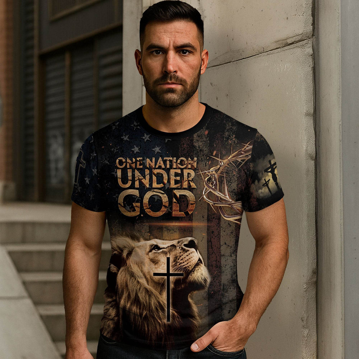 One Nation Under God | Lion of Judah & Cross Shield Christian Tee