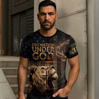 One Nation Under God | Lion of Judah & Cross Shield Christian Tee