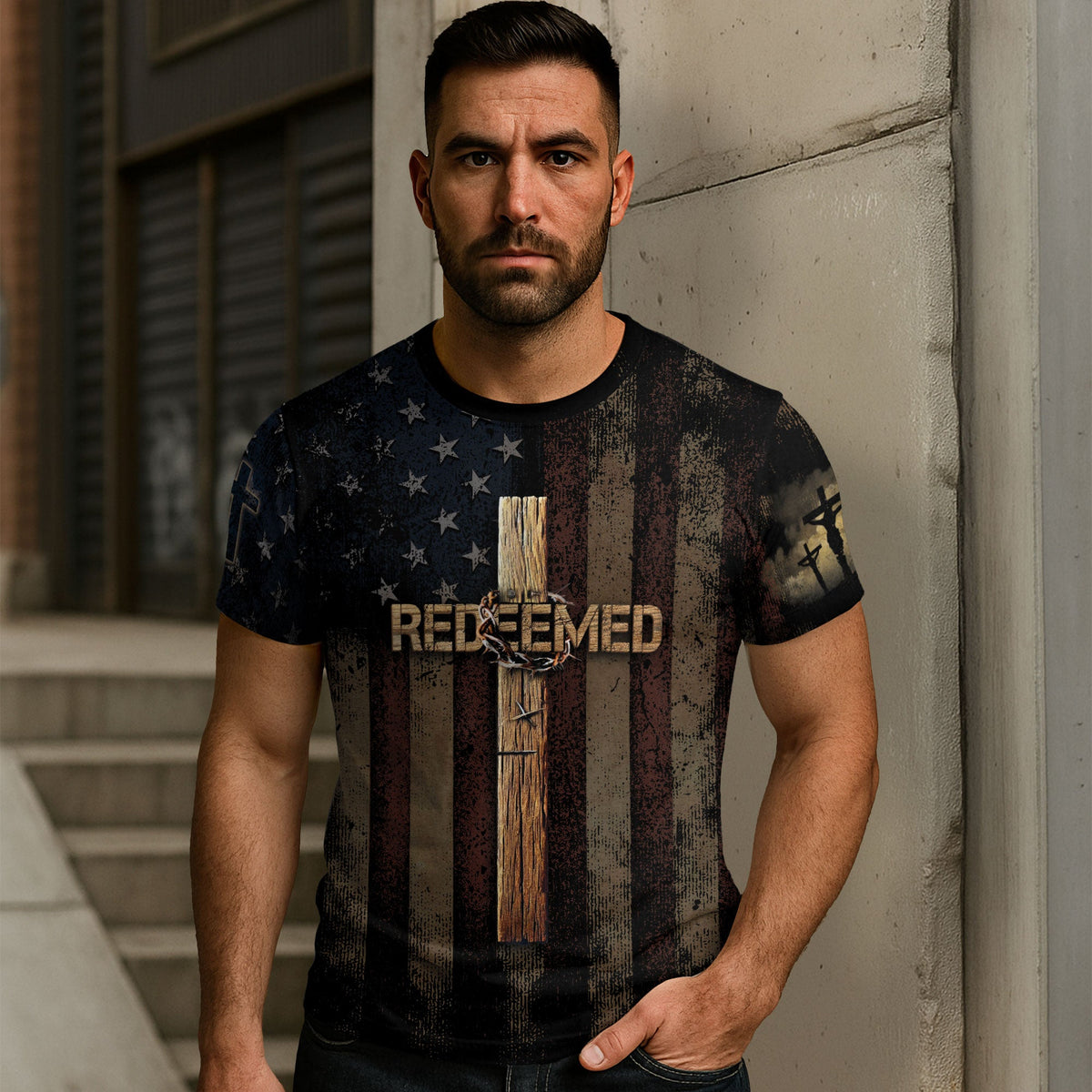 Redeemed | Cross of Freedom & Crown of Thorns Christian Tee