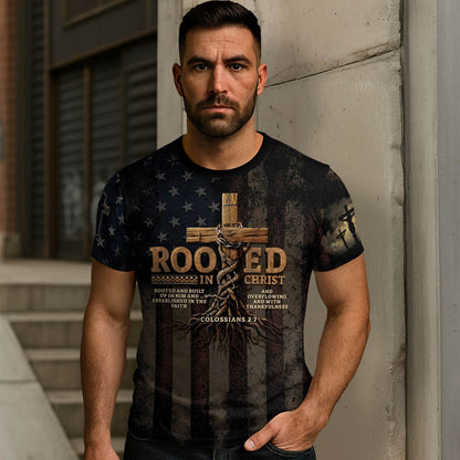 Rooted in Christ | Full Colossians 2:7 Cross & American Flag Tee