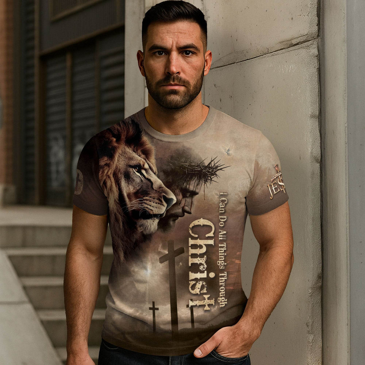 Through Christ I Stand | Lion & Cross Faith Design T-Shirt