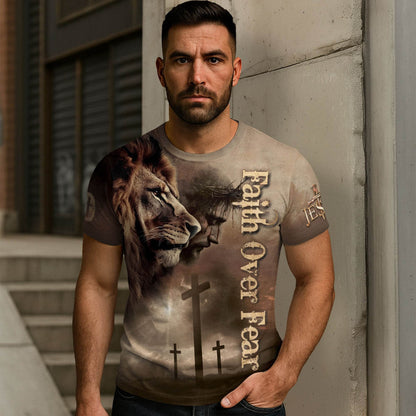 Faith Over Fear | Jesus, Lion & Cross Inspirational T-Shirt