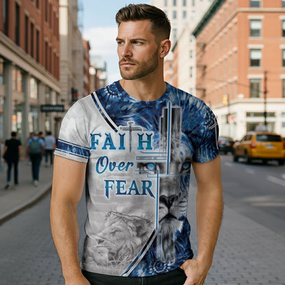 Faith Over Fear & Jesus Lion Cross T-Shirt – Christian Courage in Blue