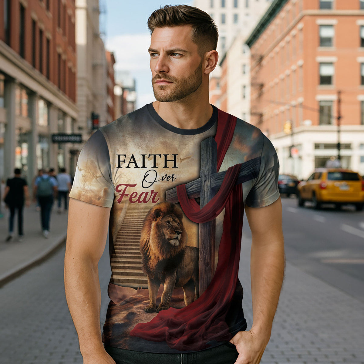 Faith Over Fear with Cross and Lion Draped in Red Robe – Christian T-Shirt