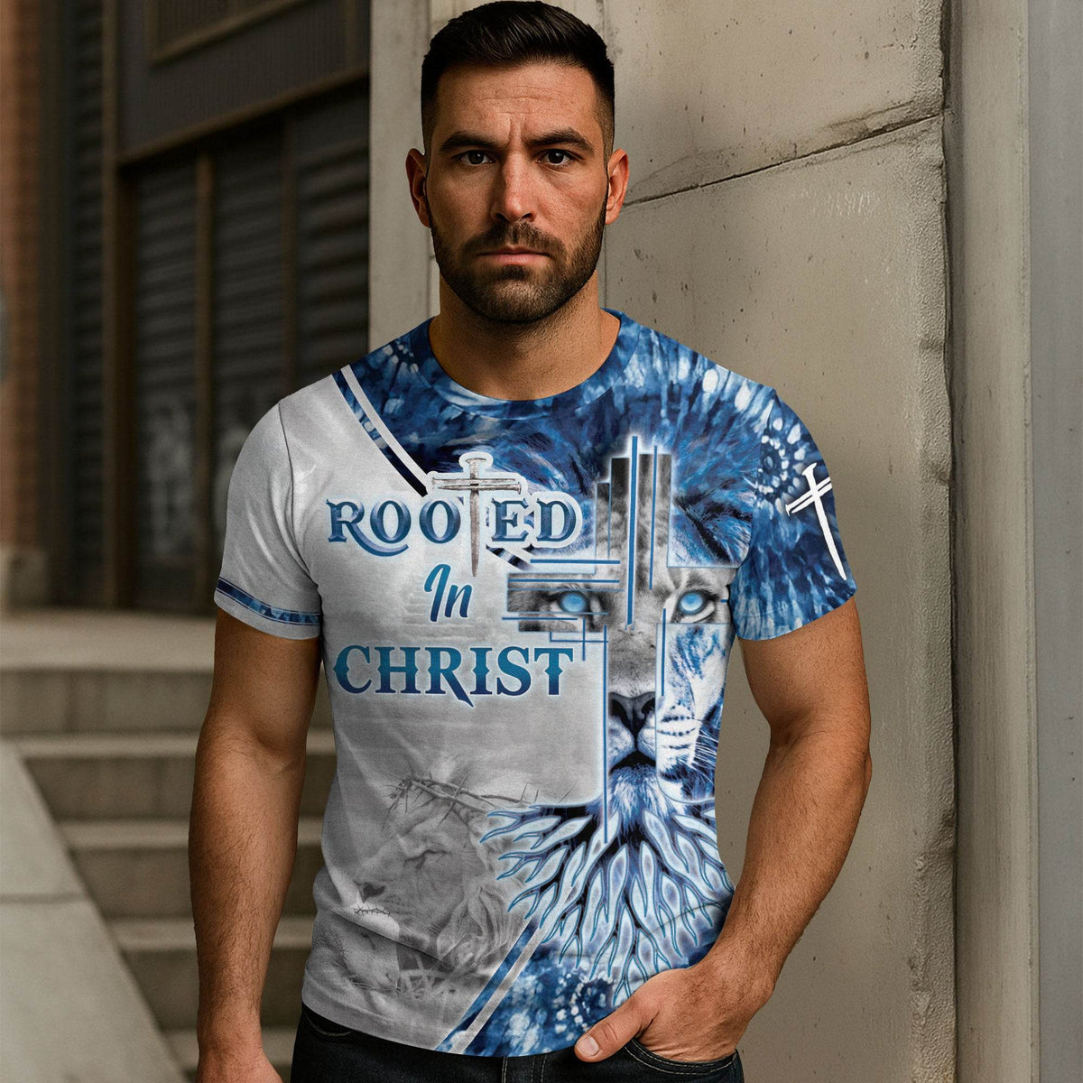 Blue Eyed Lion "Rooted In Christ" Colossians 2:7 Religious T-Shirt