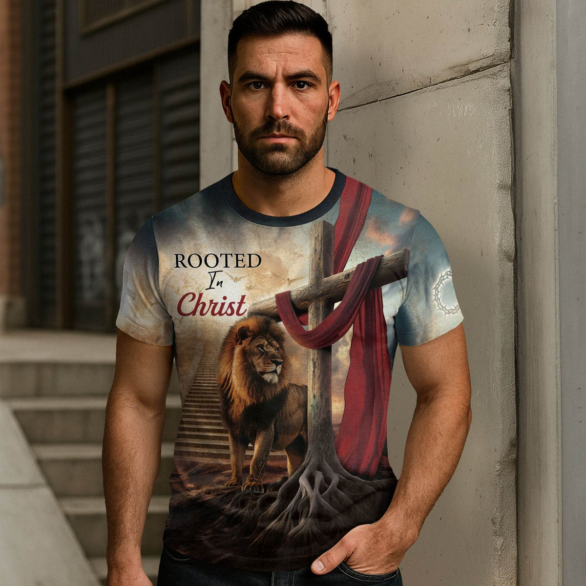 Rooted In Christ The Rooted Cross And Lion T-Shirt