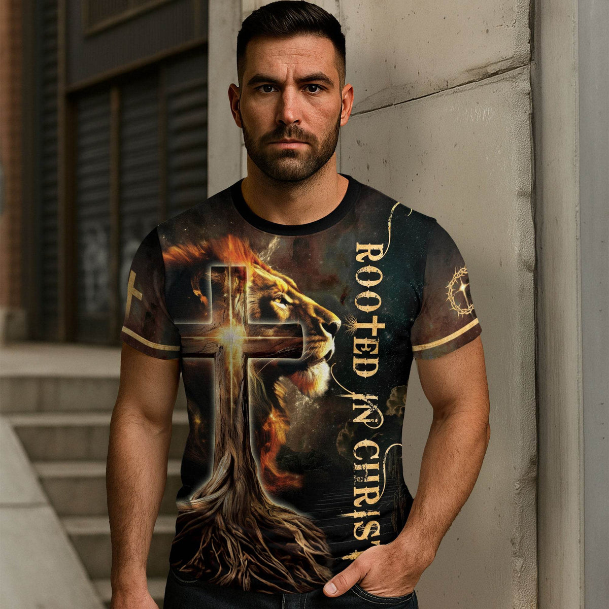 Rooted In The Light Of Christ Lion And Glowing Cross T-Shirt