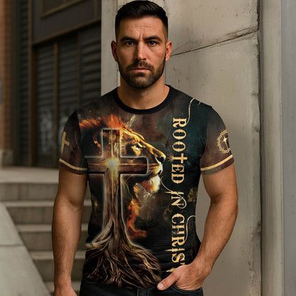 Rooted In The Light Of Christ Lion And Glowing Cross T-Shirt