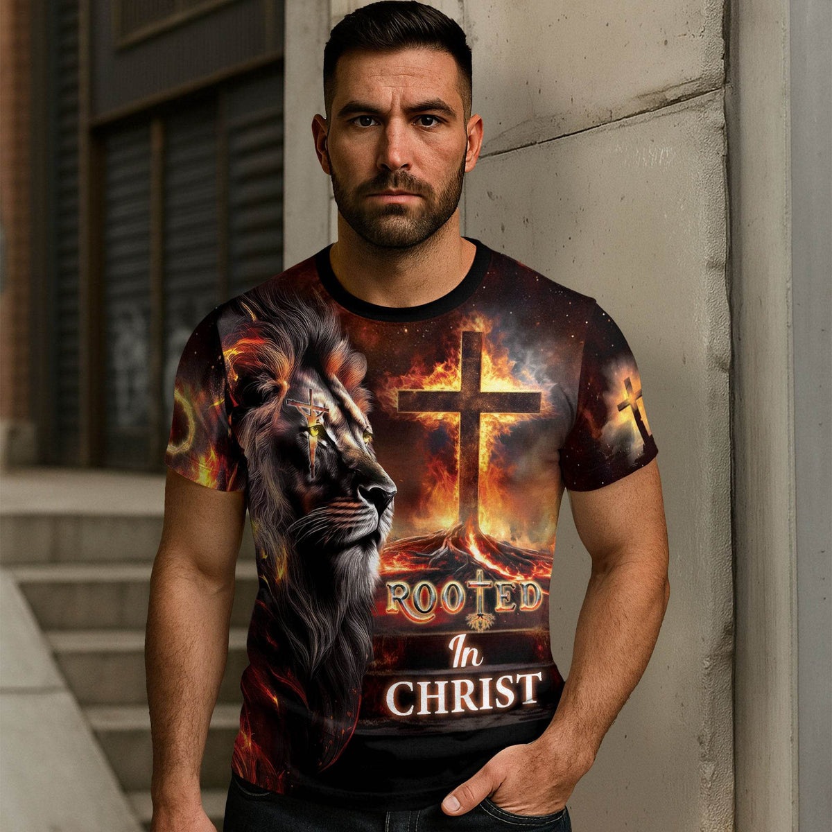 Rooted In Christ The Glowing Rooted Cross And Lion T-Shirt