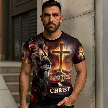Rooted In Christ The Glowing Rooted Cross And Lion T-Shirt
