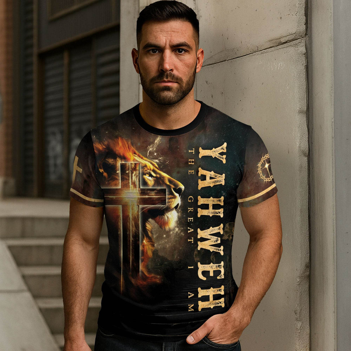 Yahweh The Great I Am Lion and Fiery Cross T-Shirt