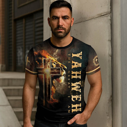 Yahweh The Great I Am Lion and Fiery Cross T-Shirt