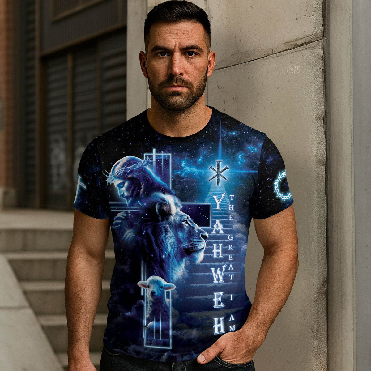 Yahweh The Great I Am in Heavenly Blue with Lion & Lamb T-Shirt
