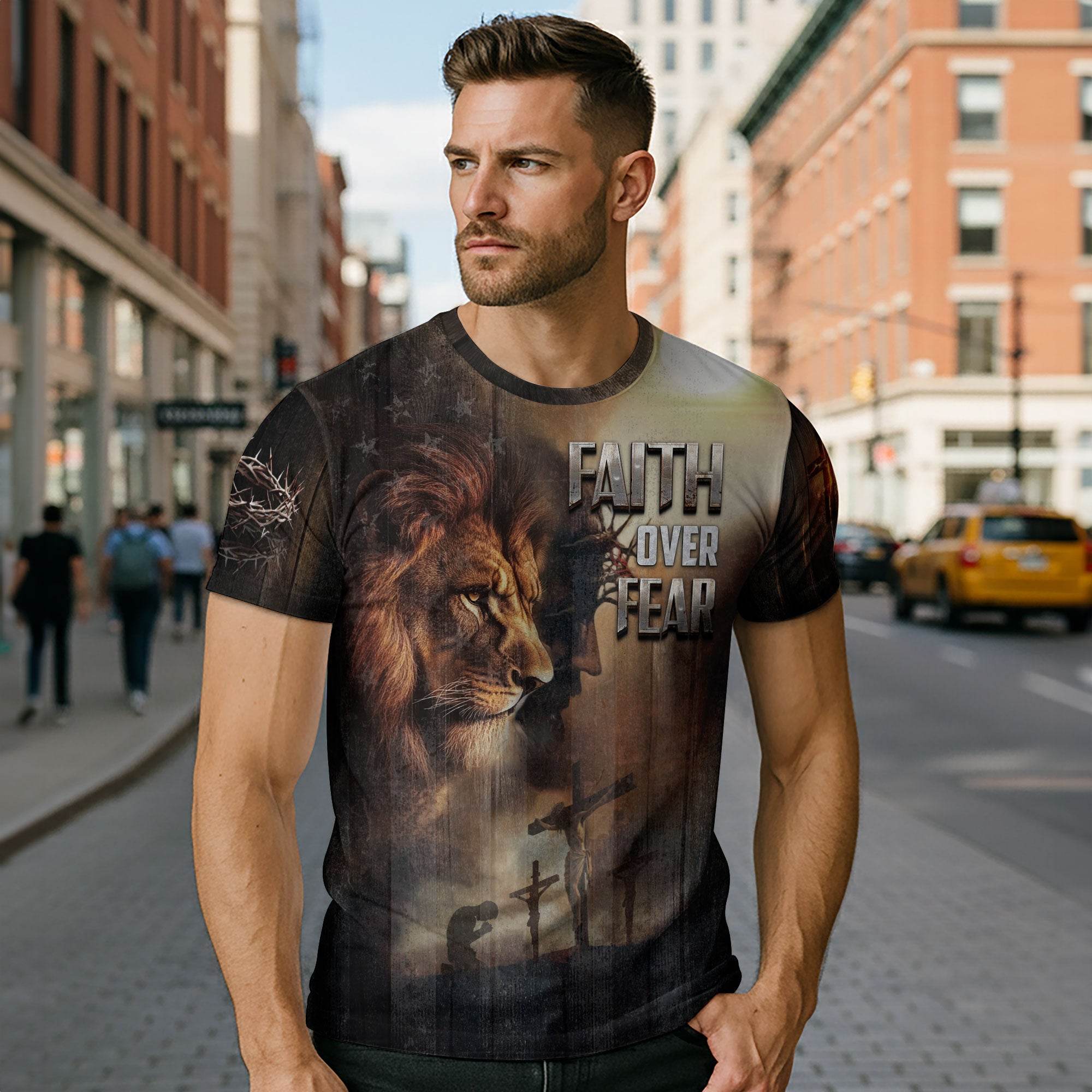Faith Over Fear Lion & Cross Patriotic T-Shirt