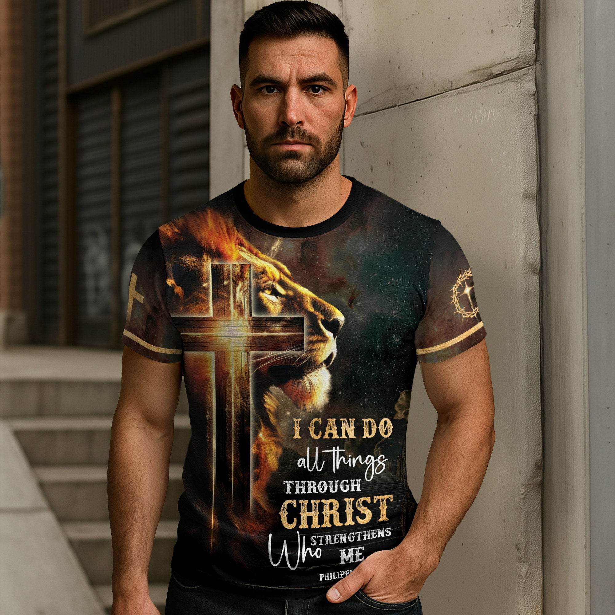 Lion of Judah with Fiery Cross “I Can Do All Things” T-Shirt