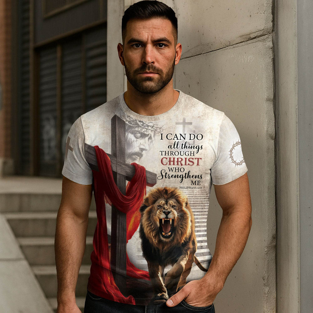 I can do all things through Christ with Roaring Lion and Cross T-Shirt