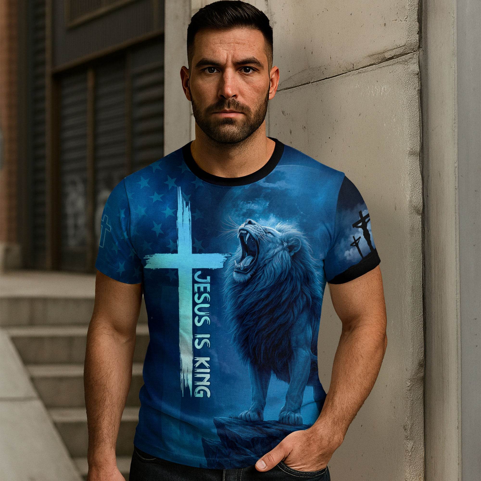 Jesus Is King Lion & Cross Night Sky Design T-Shirt