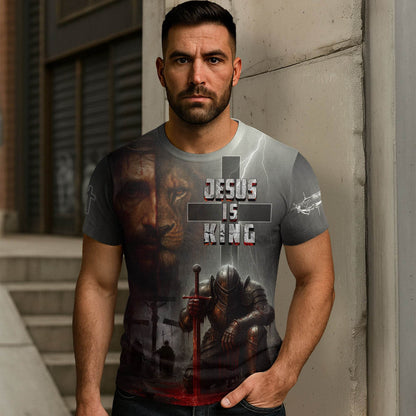 Jesus Is King Knight Cross & Lion Design T-Shirt