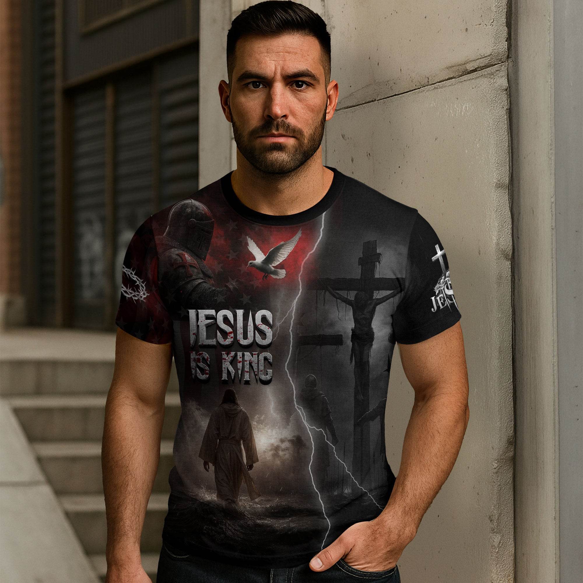 Jesus Is King Lion and Cross Blue Night Design T-Shirt