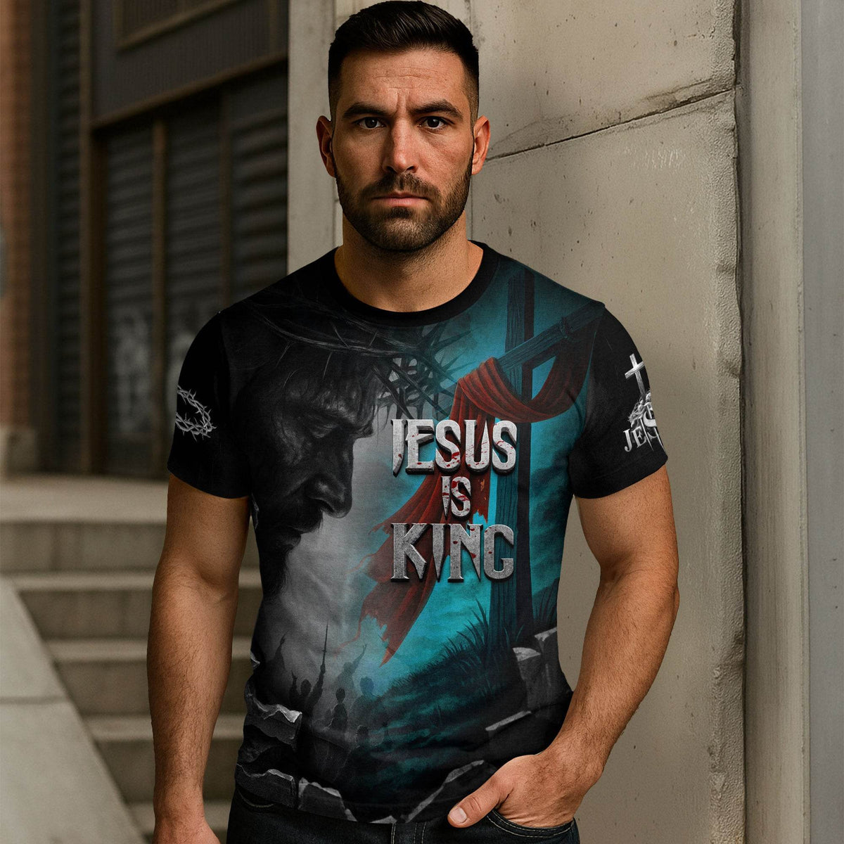 Jesus Is King Lion & Cross Storm Design T-Shirt